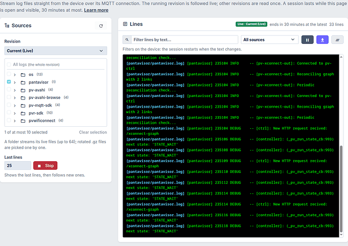 Live logs streaming Pantavisor output