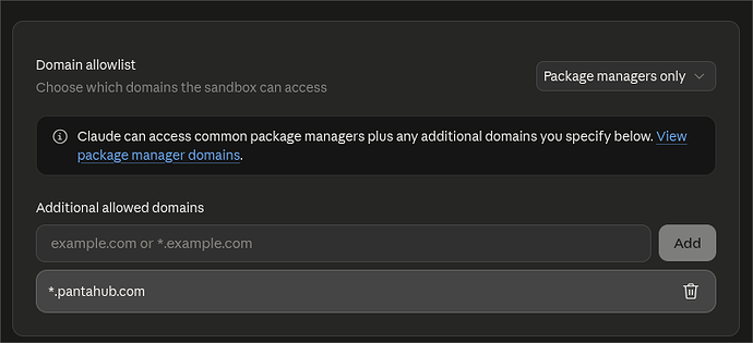 Claude sandbox domain allowlist with *.pantahub.com