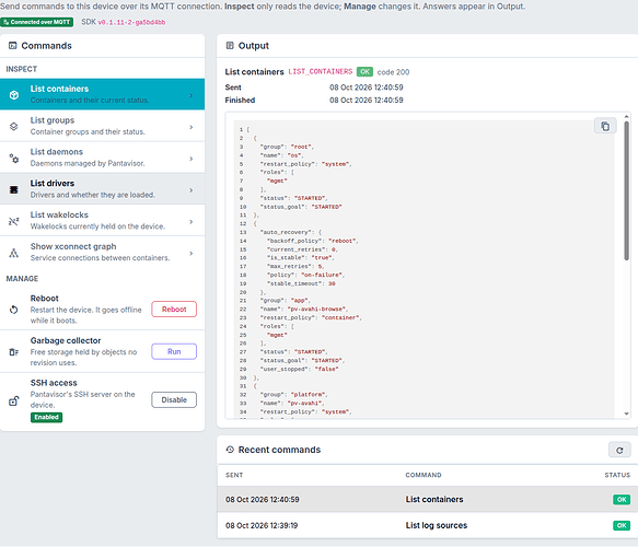 Pantavisor control showing container status and command history