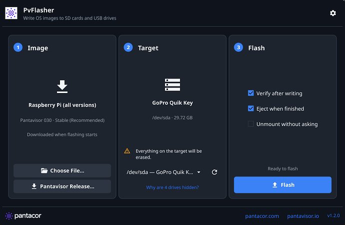 PvFlasher v1.2.1 main window